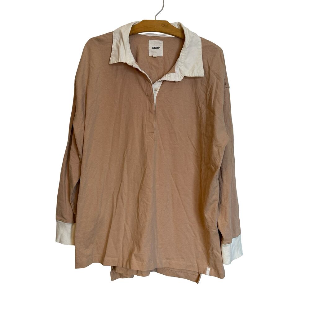 Aerie Oversized Rugby Polo Shirt White Collar Long Sleeve Henley Tan Brown L